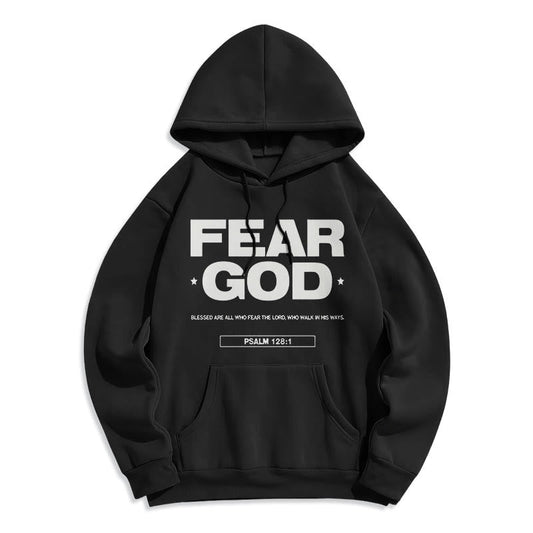 Classic Quotation Style Fear God Faith Blessed Fleece Lined Polyester Hoodie