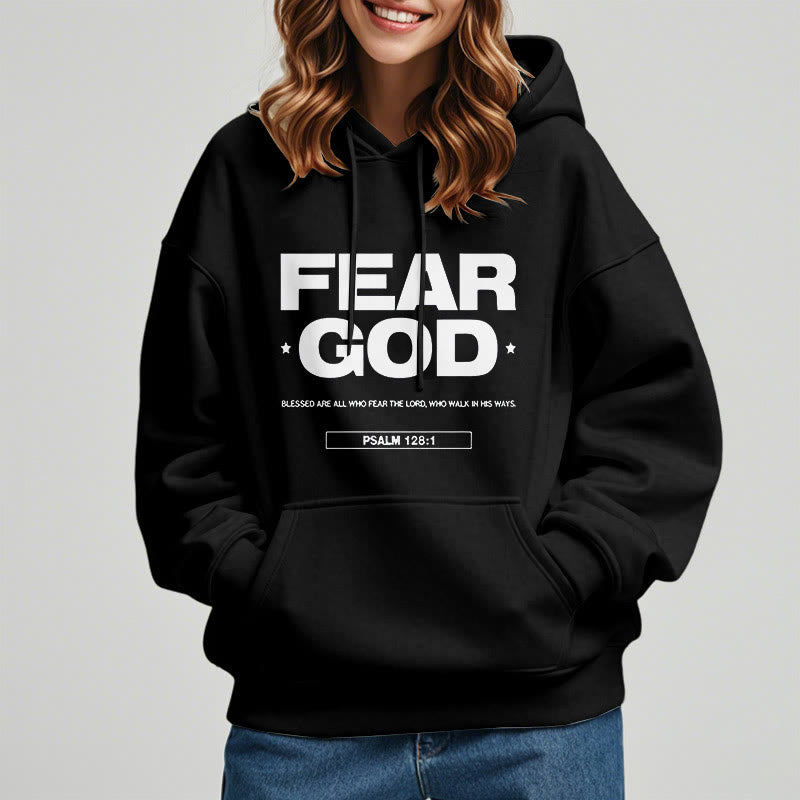 Classic Quotation Style Fear God Faith Blessed Fleece Lined Polyester Hoodie