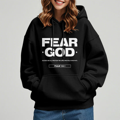 Classic Quotation Style Fear God Faith Blessed Fleece Lined Polyester Hoodie