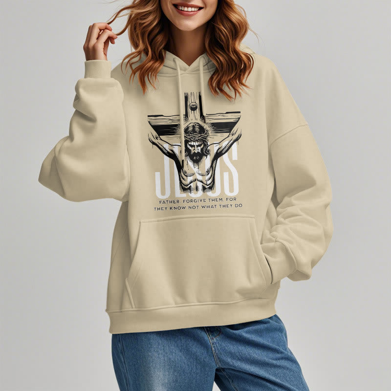 Classic Style Father Forgive Them Crucifix Fleece Lined Polyester Hoodie