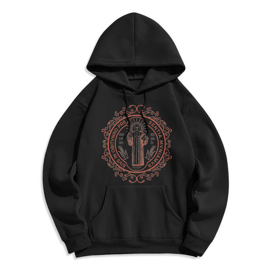 Classic Style Floral St. Benedict Embelm Fleece Lined Polyester Hoodie