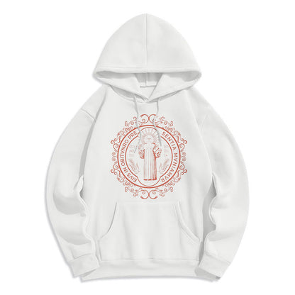 Classic Style Floral St. Benedict Embelm Fleece Lined Polyester Hoodie