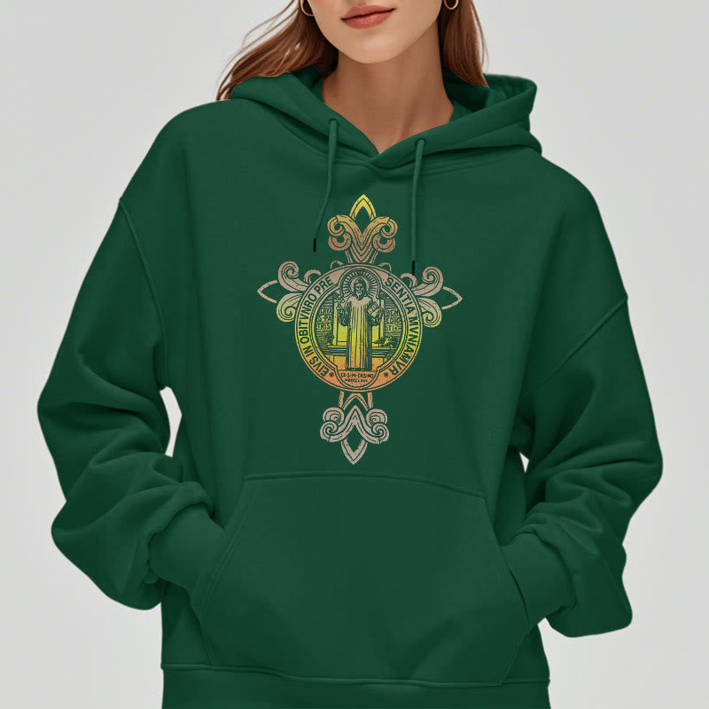 Colored Style St. Benedict Emblem Scrollwork Fleece Lined Polyester Hoodie