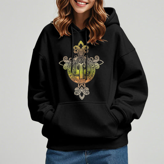 Colored Style St. Benedict Emblem Scrollwork Fleece Lined Polyester Hoodie
