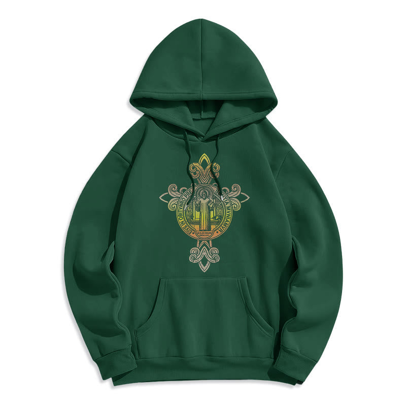 Colored Style St. Benedict Emblem Scrollwork Fleece Lined Polyester Hoodie