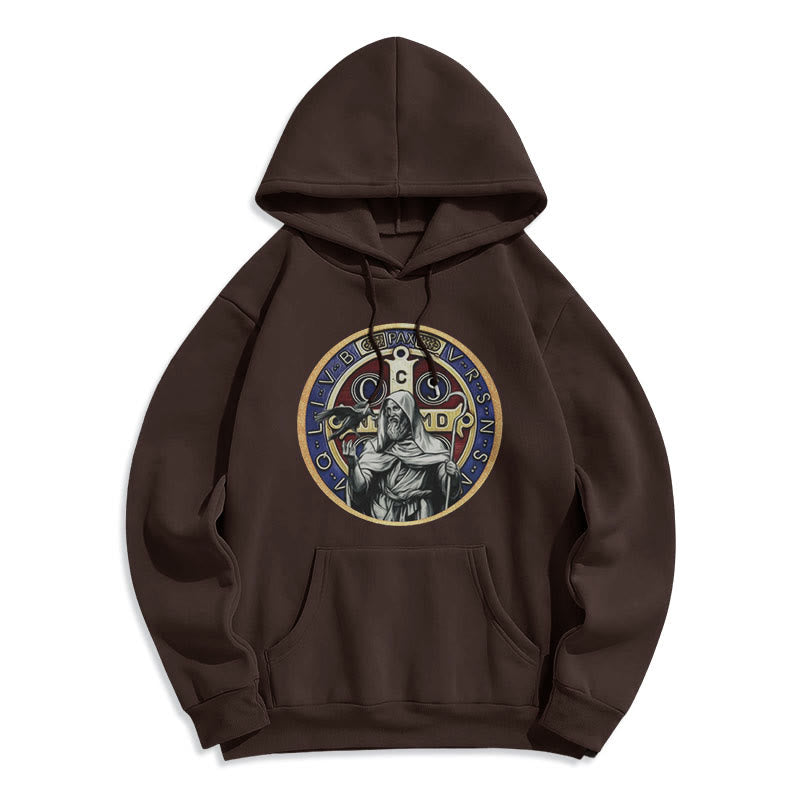 Classic Colored Style St. Benedict Figure Emblem Fleece Lined Polyester Hoodie