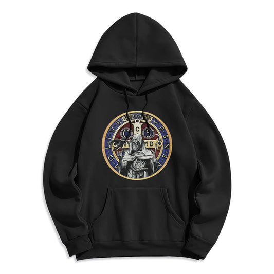 Classic Colored Style St. Benedict Figure Emblem Fleece Lined Polyester Hoodie