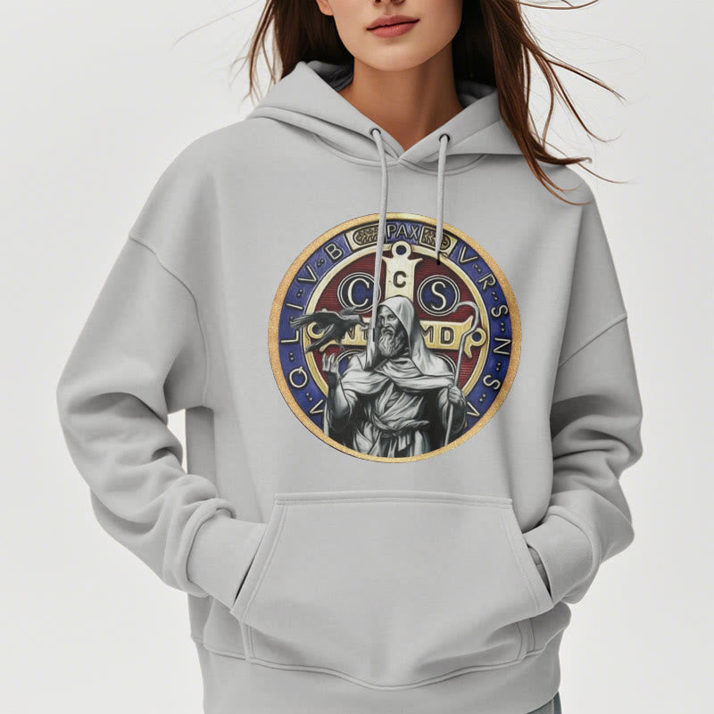 Classic Colored Style St. Benedict Figure Emblem Fleece Lined Polyester Hoodie