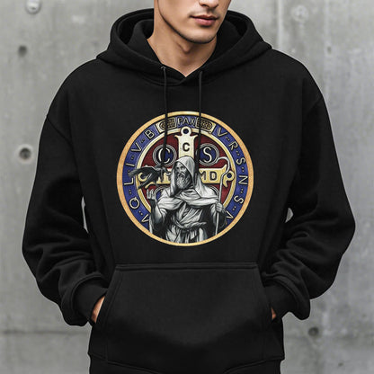 Classic Colored Style St. Benedict Figure Emblem Fleece Lined Polyester Hoodie