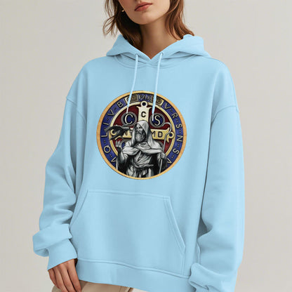 Classic Colored Style St. Benedict Figure Emblem Fleece Lined Polyester Hoodie