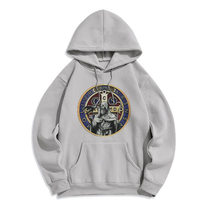 Classic Colored Style St. Benedict Figure Emblem Fleece Lined Polyester Hoodie