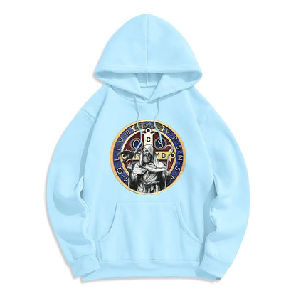 Classic Colored Style St. Benedict Figure Emblem Fleece Lined Polyester Hoodie