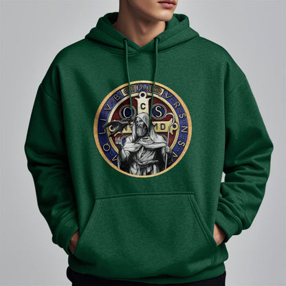 Classic Colored Style St. Benedict Figure Emblem Fleece Lined Polyester Hoodie