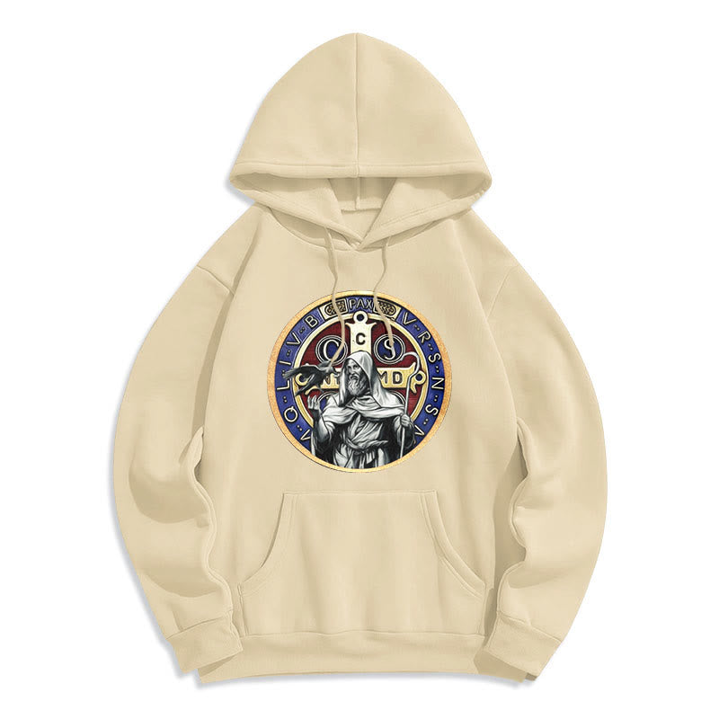 Classic Colored Style St. Benedict Figure Emblem Fleece Lined Polyester Hoodie