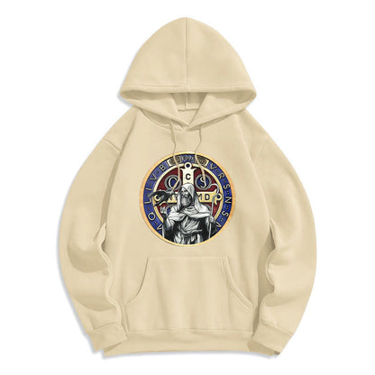 Classic Colored Style St. Benedict Figure Emblem Fleece Lined Polyester Hoodie