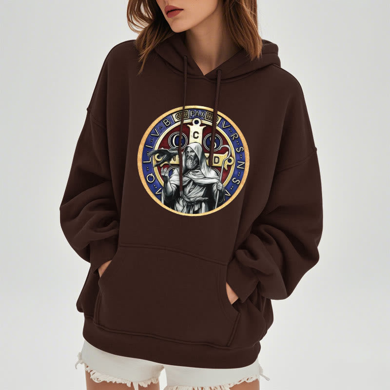 Classic Colored Style St. Benedict Figure Emblem Fleece Lined Polyester Hoodie
