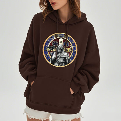 Classic Colored Style St. Benedict Figure Emblem Fleece Lined Polyester Hoodie