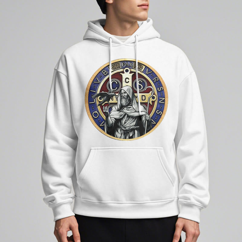 Classic Colored Style St. Benedict Figure Emblem Fleece Lined Polyester Hoodie