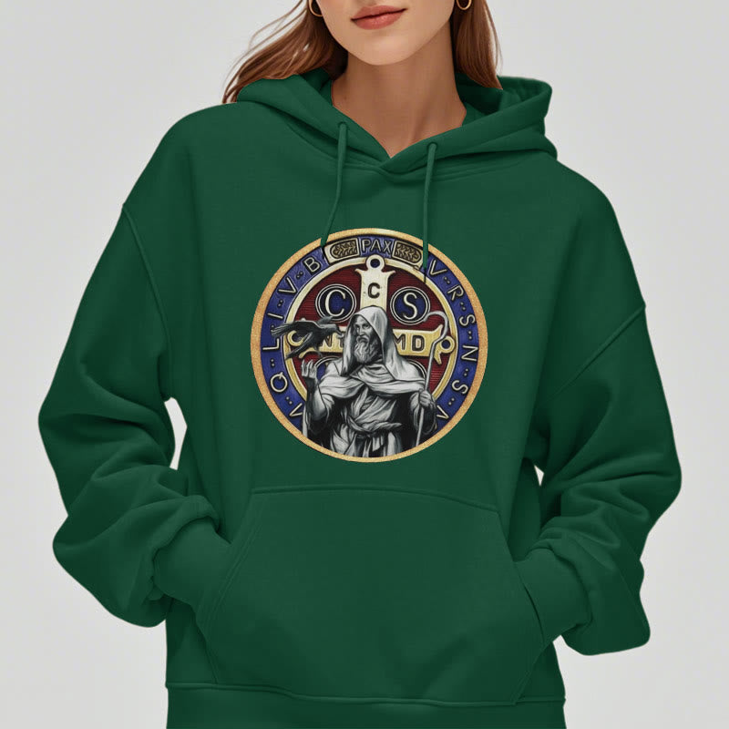 Classic Colored Style St. Benedict Figure Emblem Fleece Lined Polyester Hoodie