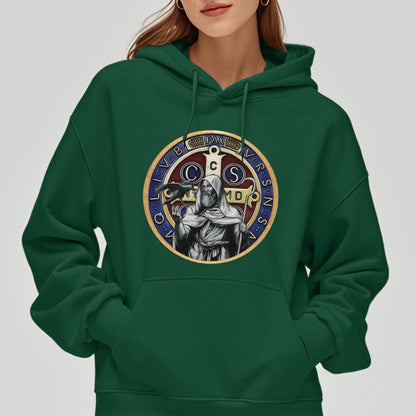 Classic Colored Style St. Benedict Figure Emblem Fleece Lined Polyester Hoodie