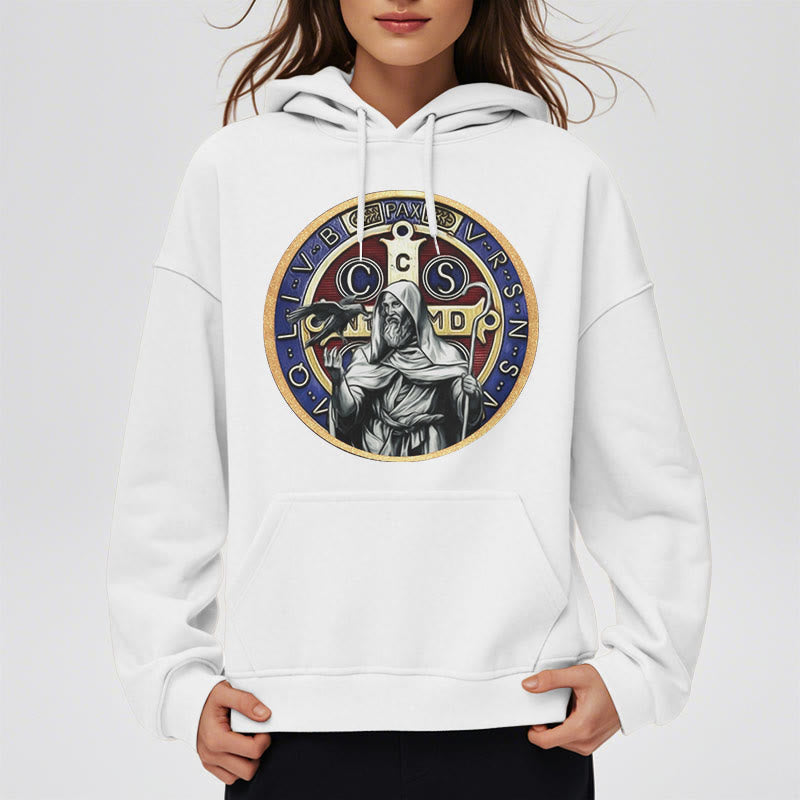 Classic Colored Style St. Benedict Figure Emblem Fleece Lined Polyester Hoodie