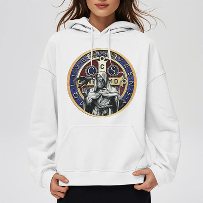 Classic Colored Style St. Benedict Figure Emblem Fleece Lined Polyester Hoodie
