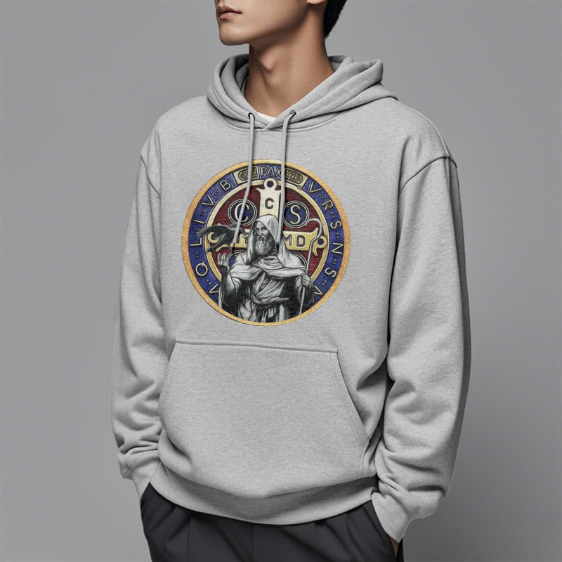 Classic Colored Style St. Benedict Figure Emblem Fleece Lined Polyester Hoodie