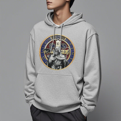 Classic Colored Style St. Benedict Figure Emblem Fleece Lined Polyester Hoodie