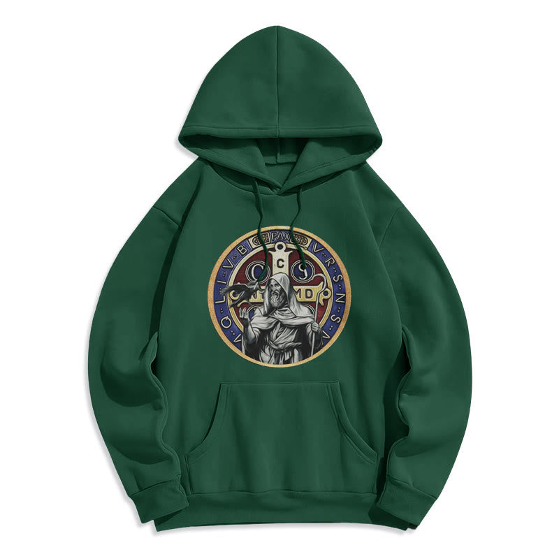 Classic Colored Style St. Benedict Figure Emblem Fleece Lined Polyester Hoodie