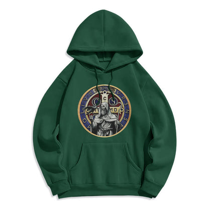Classic Colored Style St. Benedict Figure Emblem Fleece Lined Polyester Hoodie