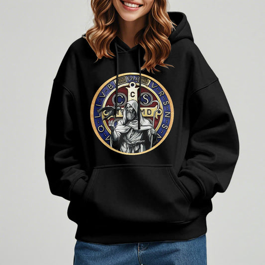 Classic Colored Style St. Benedict Figure Emblem Fleece Lined Polyester Hoodie