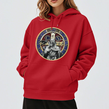 Classic Colored Style St. Benedict Figure Emblem Fleece Lined Polyester Hoodie
