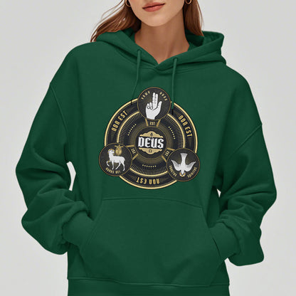 Classic Style Holy Trinity Deus Emblem Fleece Lined Polyester Hoodie