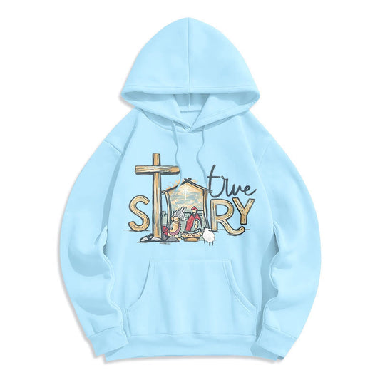 Modern Style True Story Nativity Scene Fleece Lined Polyester Hoodie