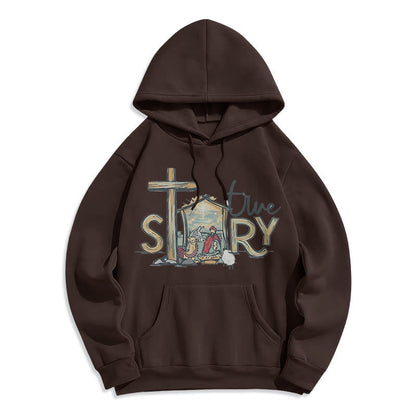 Modern Style True Story Nativity Scene Fleece Lined Polyester Hoodie