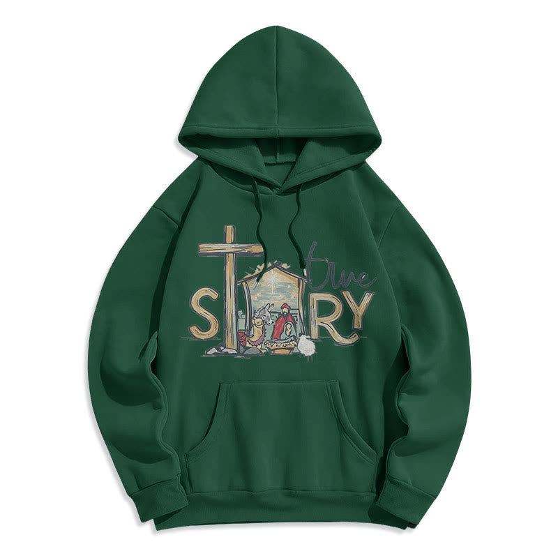 Modern Style True Story Nativity Scene Fleece Lined Polyester Hoodie