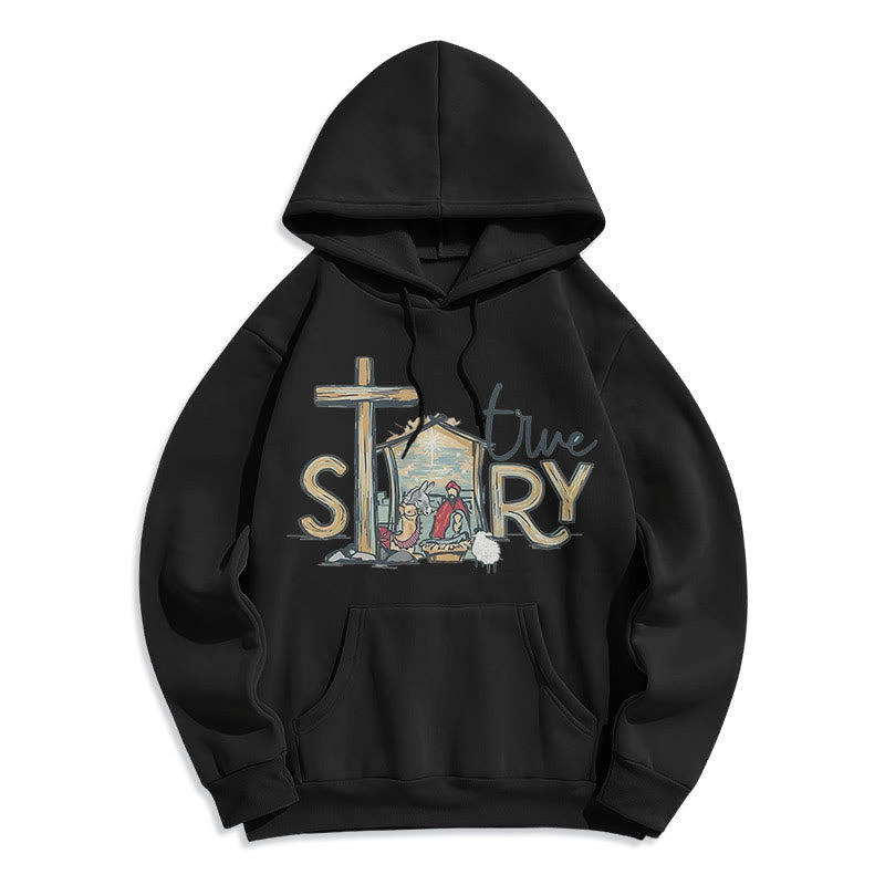 Modern Style True Story Nativity Scene Fleece Lined Polyester Hoodie