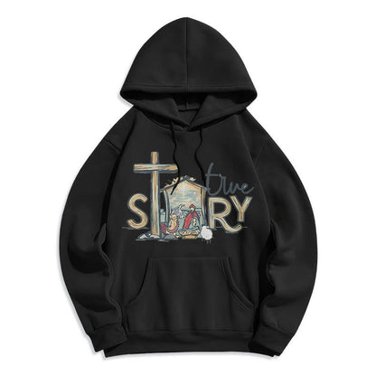 Modern Style True Story Nativity Scene Fleece Lined Polyester Hoodie