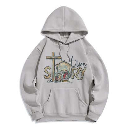 Modern Style True Story Nativity Scene Fleece Lined Polyester Hoodie