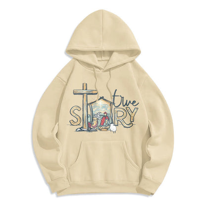 Modern Style True Story Nativity Scene Fleece Lined Polyester Hoodie
