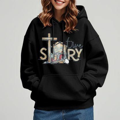 Modern Style True Story Nativity Scene Fleece Lined Polyester Hoodie