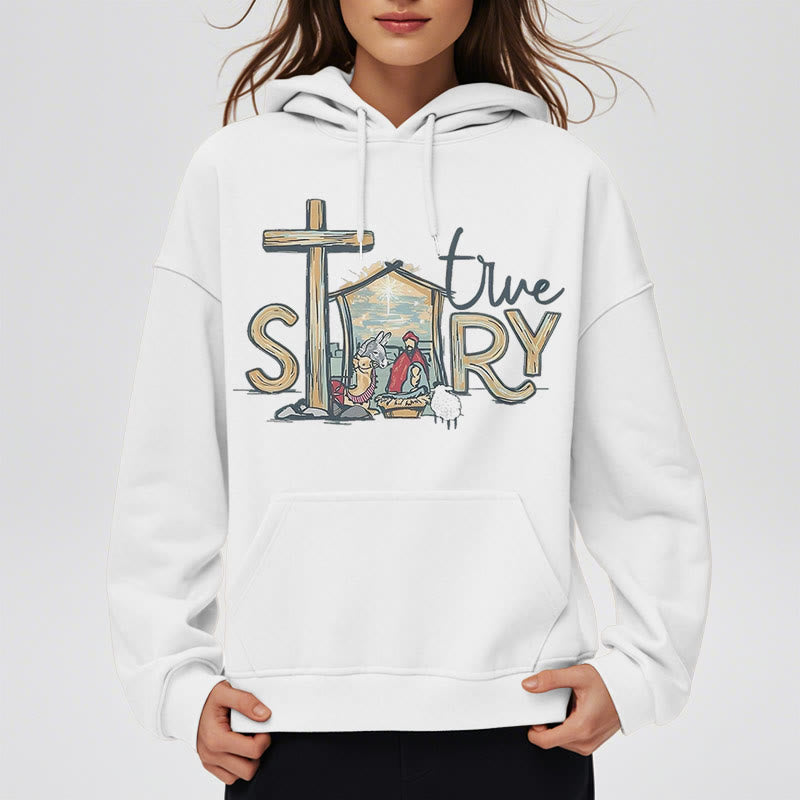 Modern Style True Story Nativity Scene Fleece Lined Polyester Hoodie