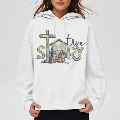 Modern Style True Story Nativity Scene Fleece Lined Polyester Hoodie