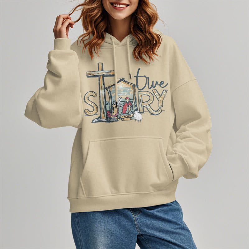 Modern Style True Story Nativity Scene Fleece Lined Polyester Hoodie