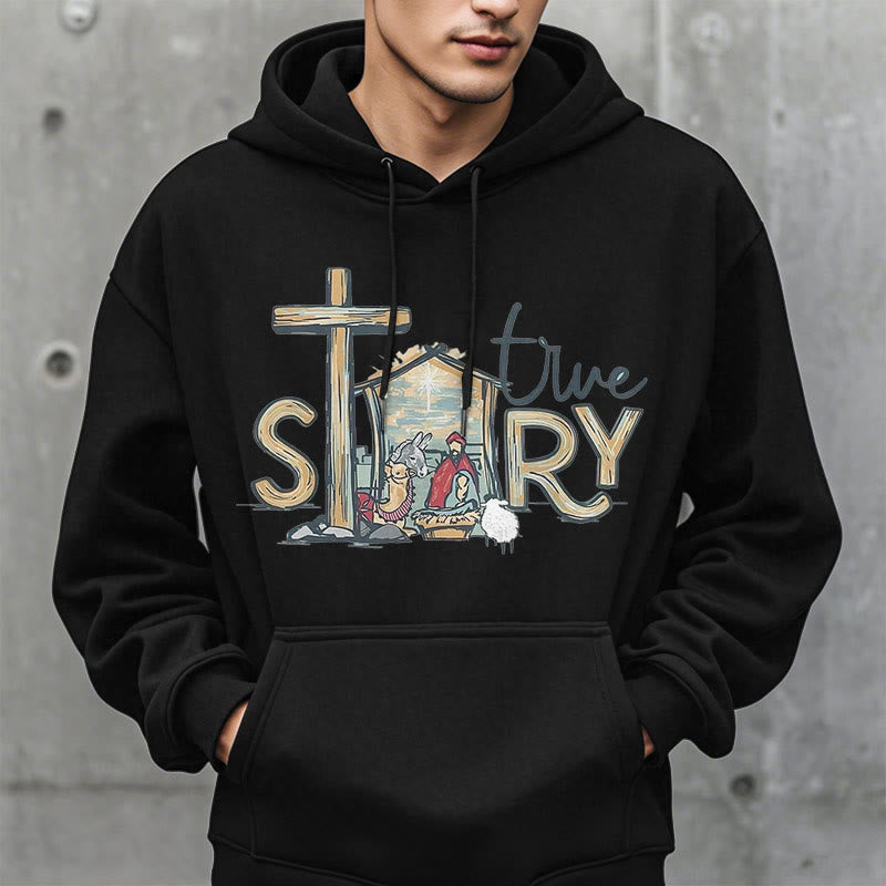 Modern Style True Story Nativity Scene Fleece Lined Polyester Hoodie