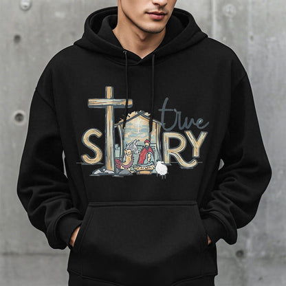 Modern Style True Story Nativity Scene Fleece Lined Polyester Hoodie