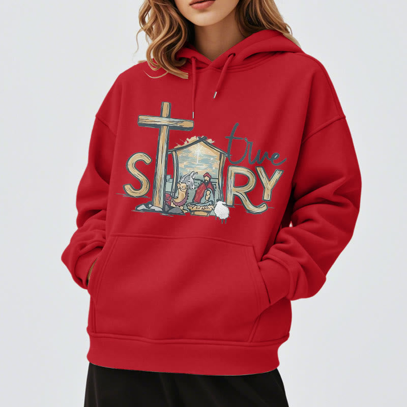 Modern Style True Story Nativity Scene Fleece Lined Polyester Hoodie