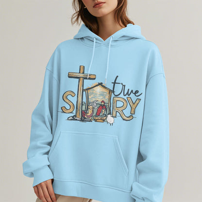 Modern Style True Story Nativity Scene Fleece Lined Polyester Hoodie