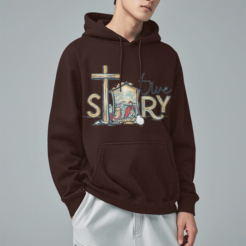 Modern Style True Story Nativity Scene Fleece Lined Polyester Hoodie