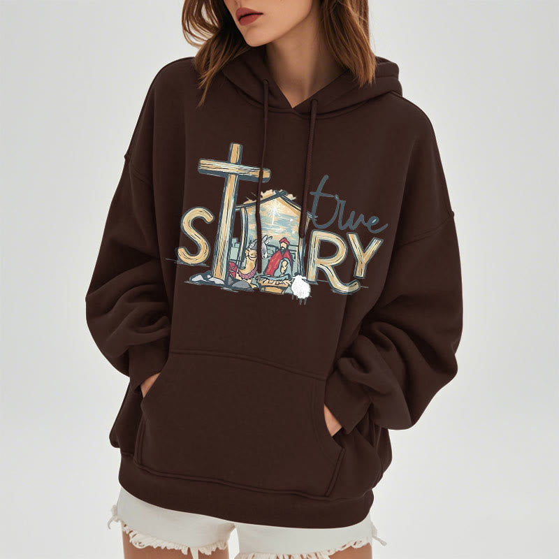 Modern Style True Story Nativity Scene Fleece Lined Polyester Hoodie